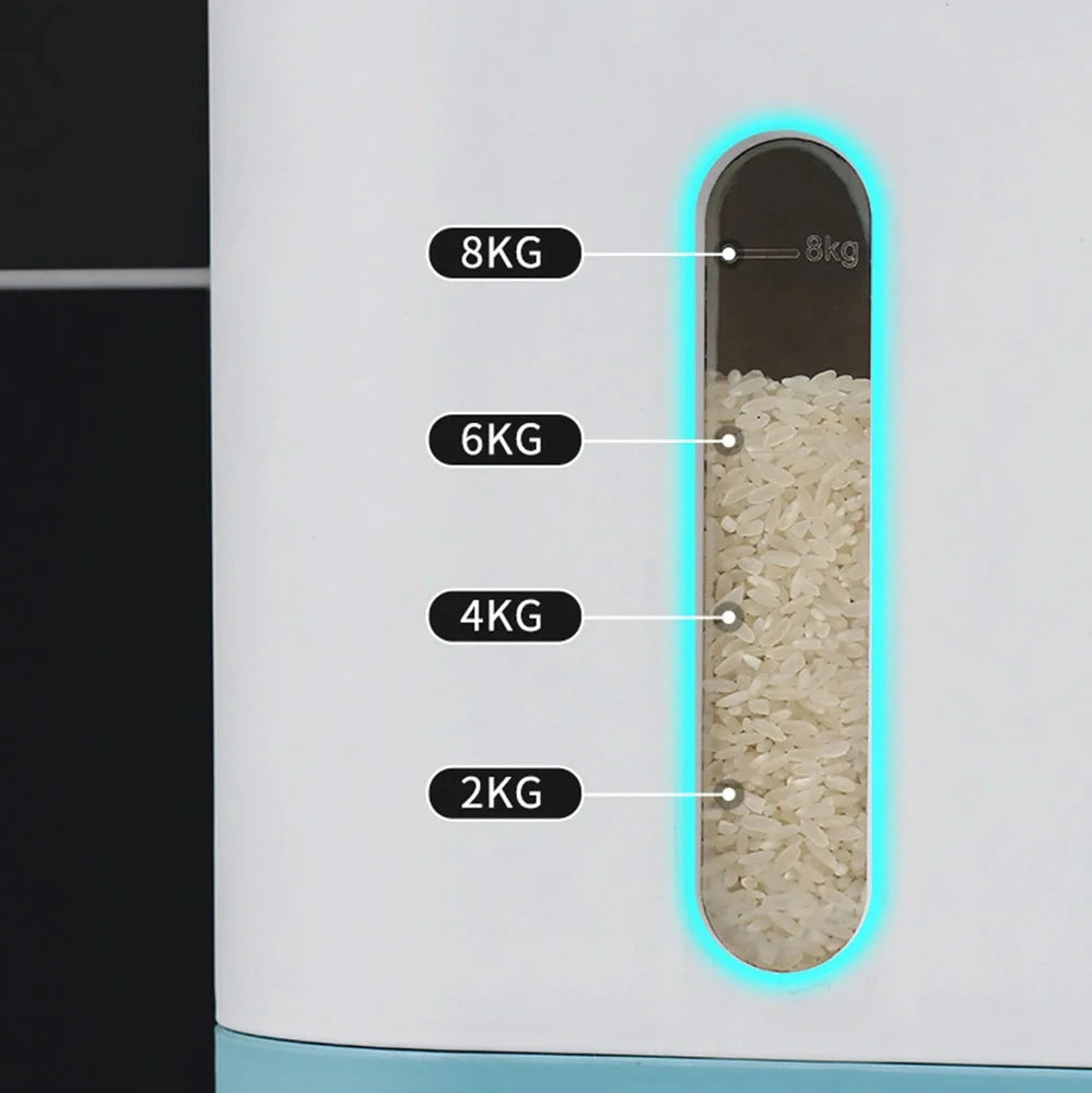 Blue automatic rice bucket with measurement scale and transparent window showing rice inside