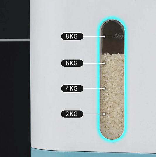 Blue automatic rice bucket with measurement scale and transparent window showing rice inside