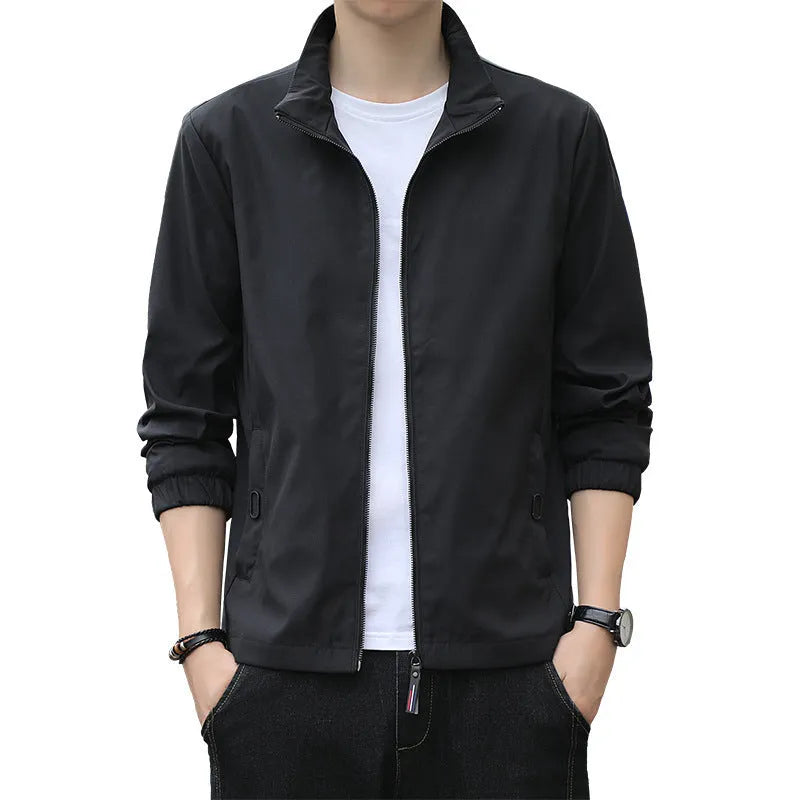 Korean-style loose lapel autumn jacket in black, grey, blue, dark blue, or navy blue with zipper pockets
