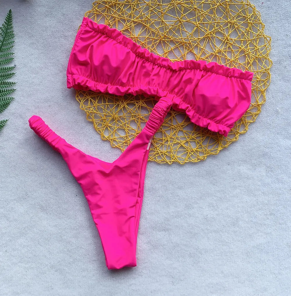 Women's high waist bikini swimsuit with split chest pad in quick-drying nylon fabric