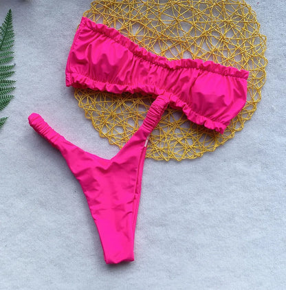 Women's high waist bikini swimsuit with split chest pad in quick-drying nylon fabric