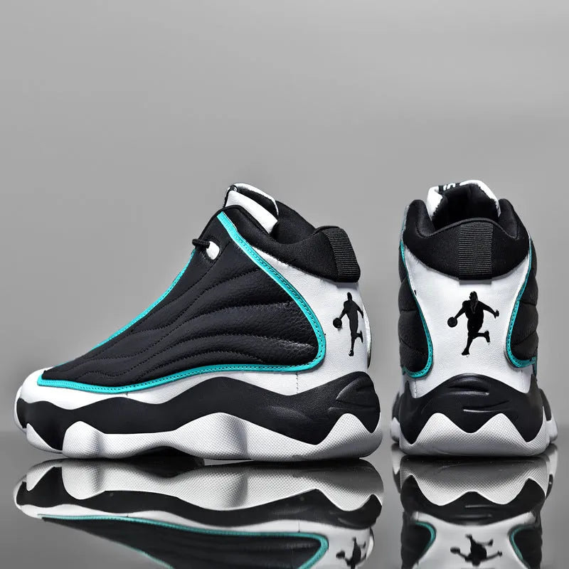 Men's high-top basketball shoes in AJ13 style colours with mesh upper and thick rubber sole.