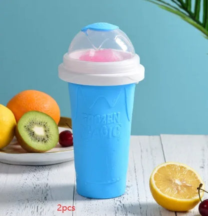 Silicone quick-freeze slush maker cup in mint green with lid and straw spoon