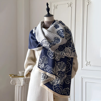 Imitation cashmere scarf with tassel fringe in grey, black, blue, or khaki colours measuring 185x65cm