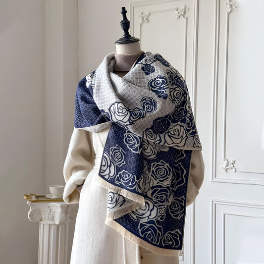 Imitation cashmere scarf with tassel fringe in grey, black, blue, or khaki colours measuring 185x65cm