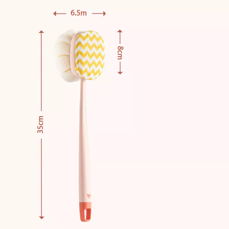Long handle bath brush with soft fur bristles for gentle back scrubbing