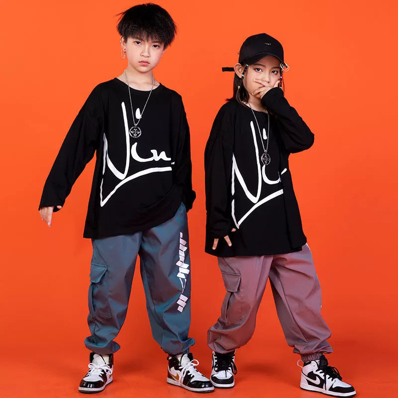 Children's hip-hop performance wear in 100% cotton, available in multiple colors and sizes