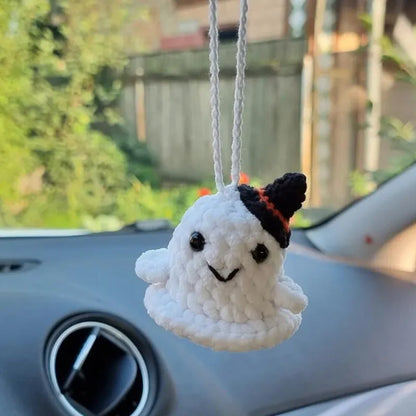 Soft, hand-woven plush car hanging ornament in a cartoon character design.