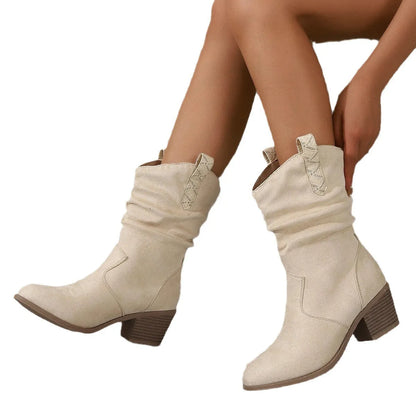 Women's mid-calf suede boots with leather stitching, 3-5cm short stout heel, in milky white or lotus root colour, sizes 36-42
