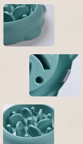PP plastic slow feeder dog bowl with bone-shaped obstacles in green, pink or orange