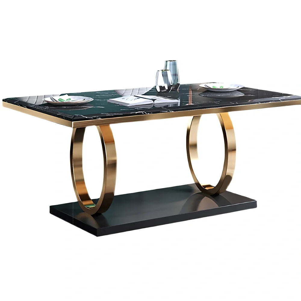 Modern slate dining table with marble finish and metal frame, rectangular shape with choice of pineapple or round-back chairs