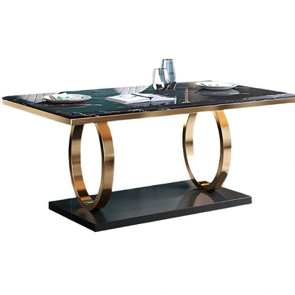 Modern slate dining table with marble finish and metal frame, rectangular shape with choice of pineapple or round-back chairs
