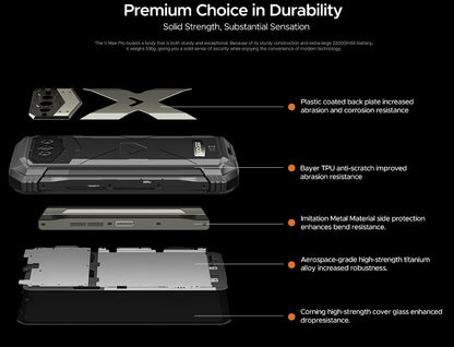 VMAX PRO mobile phone in black or grey colour, showing front view with charger and manual.