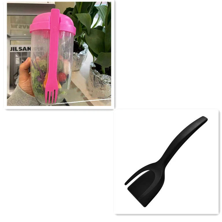 1000ml BPA-Free Salad Cup Set with Fork and Dressing Holder in four colors