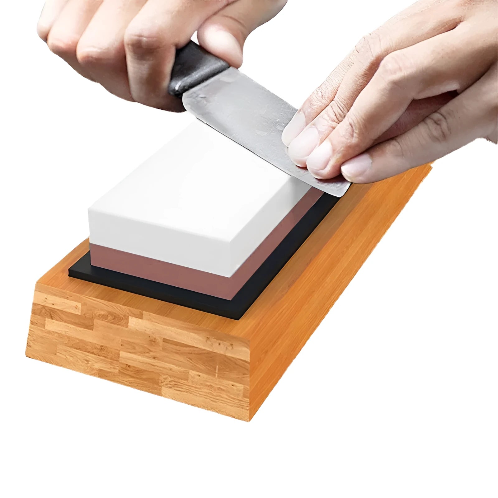 Green and white double-sided whetstone with bamboo base and sharpening accessories