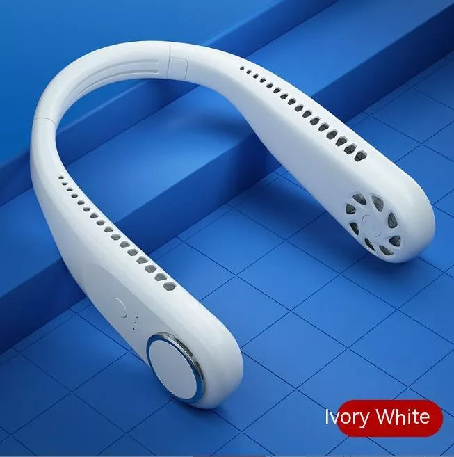 USB-powered leafless halter fan in classic black with adjustable neck strap