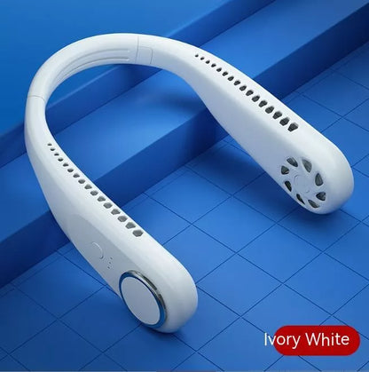 USB-powered leafless halter fan in classic black with adjustable neck strap