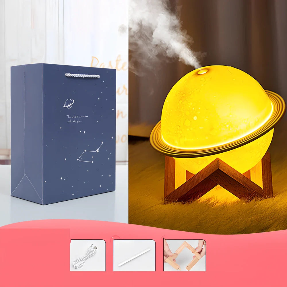 Planet-shaped humidifier with wooden frame and USB cable, 154mm width