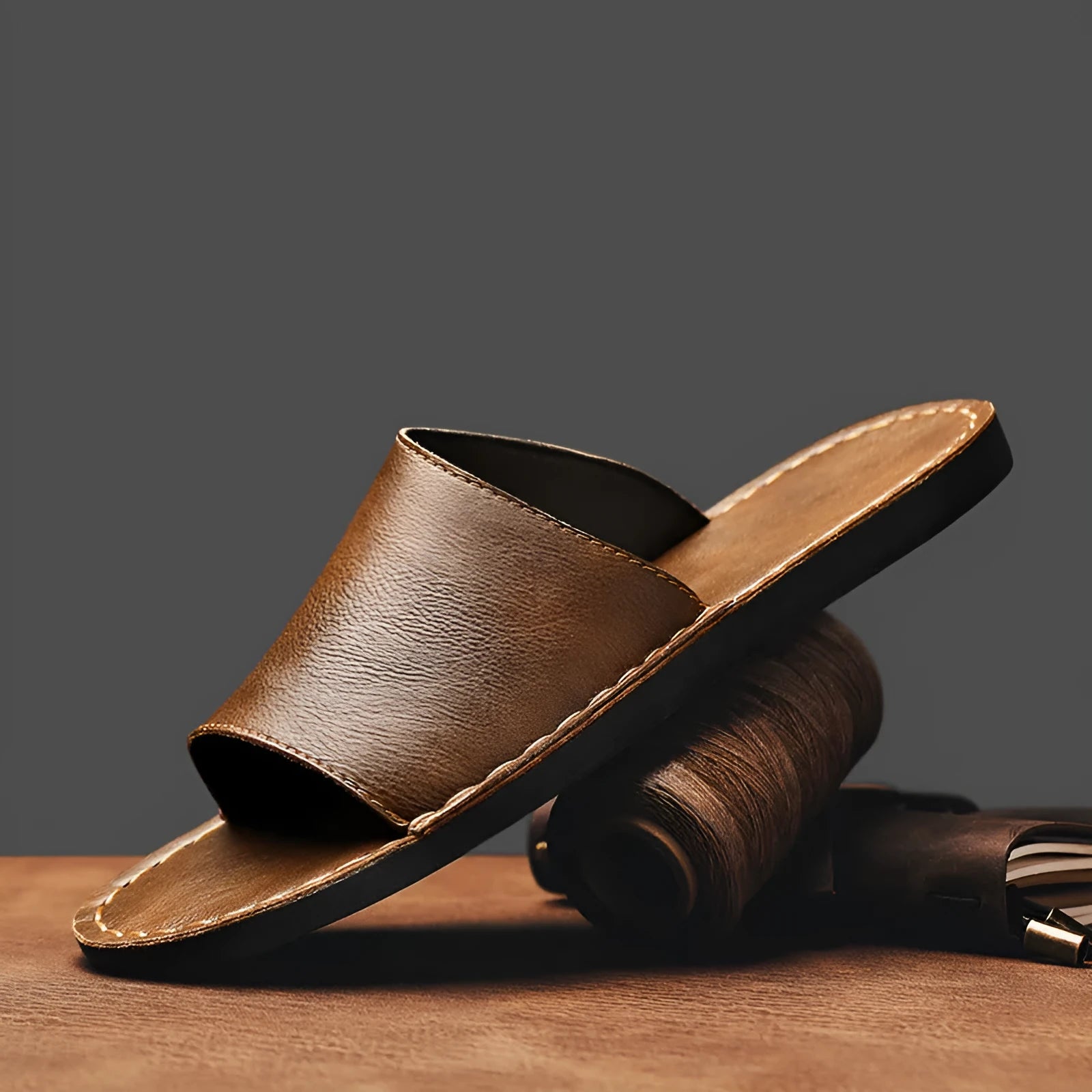Men's brown leather casual sandals with a rubber sole, shown from the side.