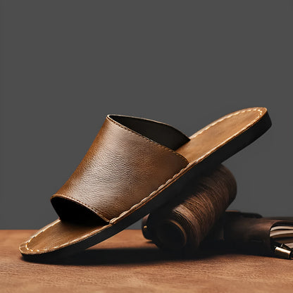 Men's brown leather casual sandals with a rubber sole, shown from the side.