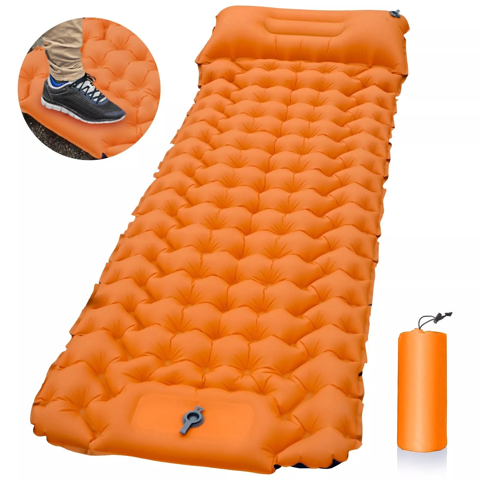 Portable inflatable camping cushion with built-in foot pump in various colors