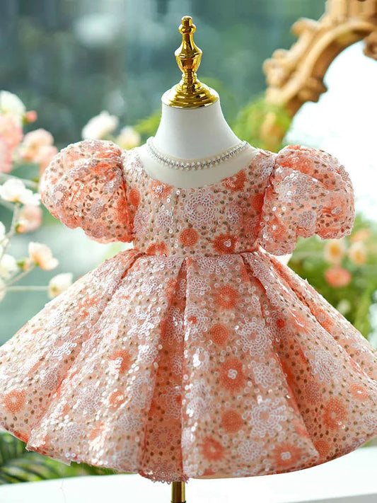 Orange children's princess dress with puffy grenadine sleeves, full-length design for dress-up play