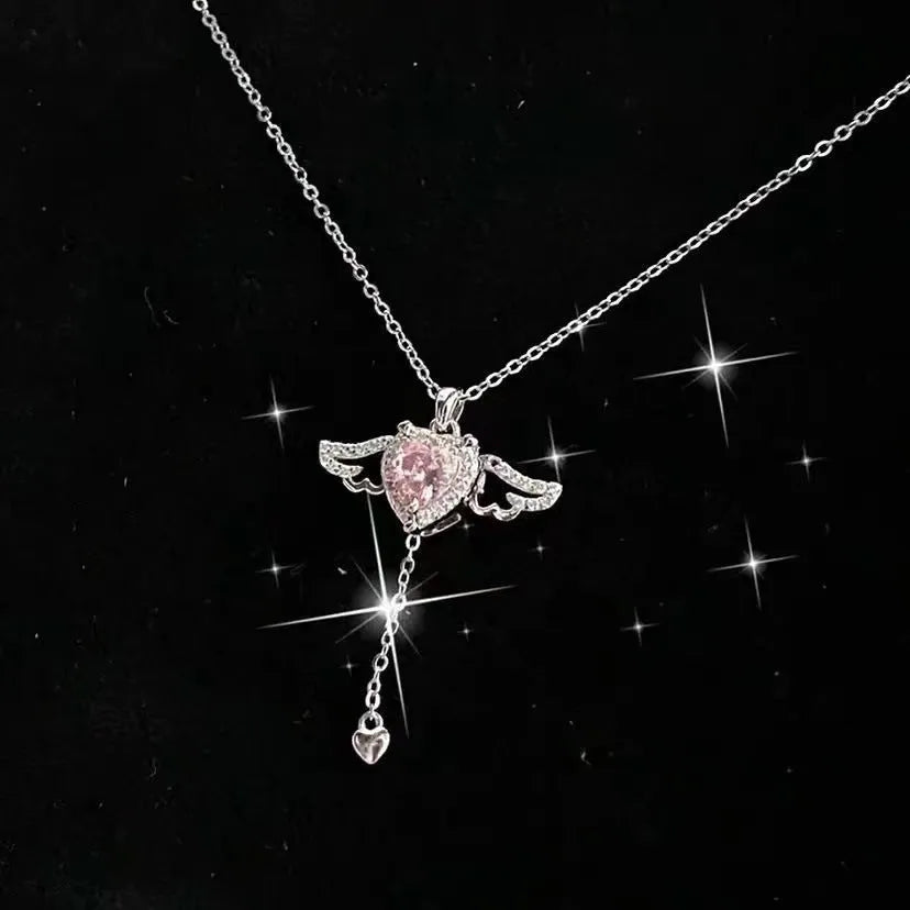 Cupid heart angel wings necklace with titanium steel, zircon crystal and 41-50cm O-shaped chain in silver or gold
