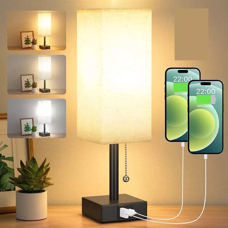 Adjustable brightness bedside lamp with USB charging ports in various colors