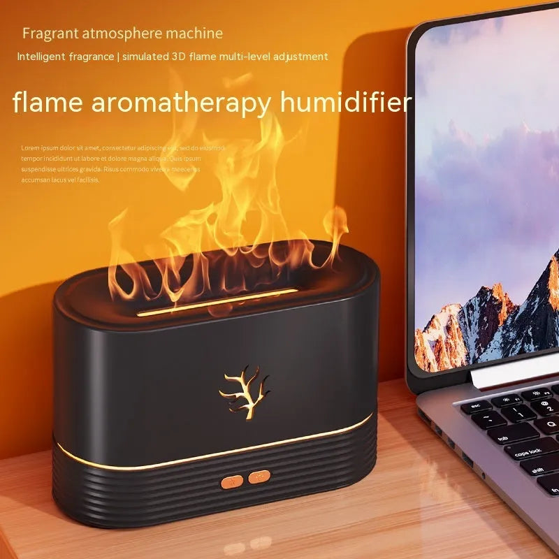 White square USB flame humidifier and aroma diffuser showing realistic LED fire effect.
