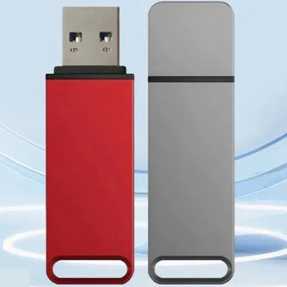 Customisable metal USB flash drive in black, red, or silver, showing high-capacity options for data storage.