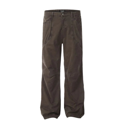 Men's brown loose straight leg cotton trousers with high waist and zipper fly
