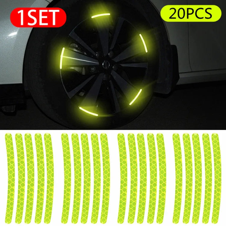 20-piece car wheel hub reflective stickers in multiple colours including fluorescent, rainbow and standard options