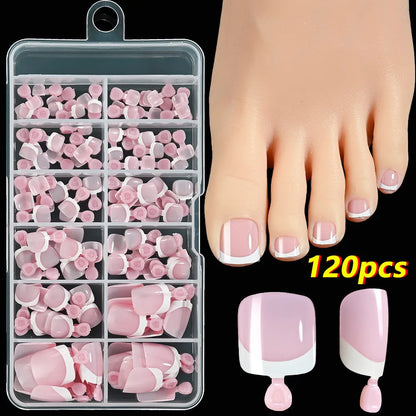 Box of 120 full square short artificial nail tips with French white edges in multiple nude shades.