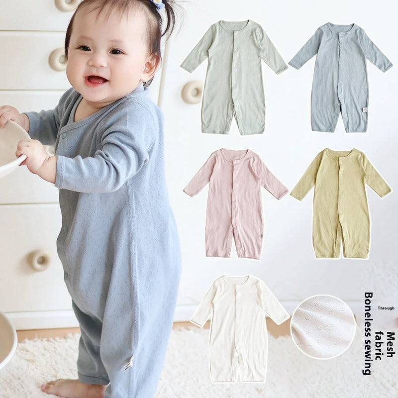 Pure cotton romper with long climbing style for babies aged 0-2 years, featuring Korean design with long sleeves and single-breasted closure in five colour options