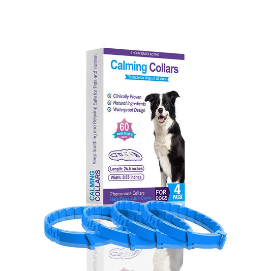 Four dog anxiety relief collars in different colours with 62cm adjustable TPR construction for calming support