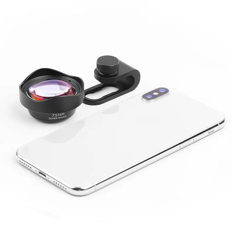 Mobile phone macro lens universal attachment suitable for 90% of smartphones, high light transmission optical glass construction, includes protective cover and storage bag for portable photography on the go.
