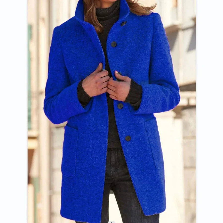 Fashionable woolen coat with stand collar, pockets, and button closure for women's fall and winter outerwear