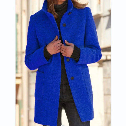 Fashionable woolen coat with stand collar, pockets, and button closure for women's fall and winter outerwear
