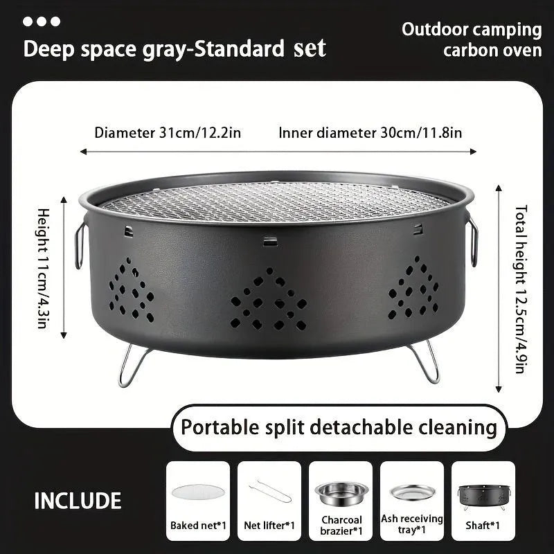 Detachable stainless steel portable barbecue grill with storage bag, shown assembled for outdoor use.