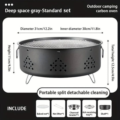Detachable stainless steel portable barbecue grill with storage bag, shown assembled for outdoor use.