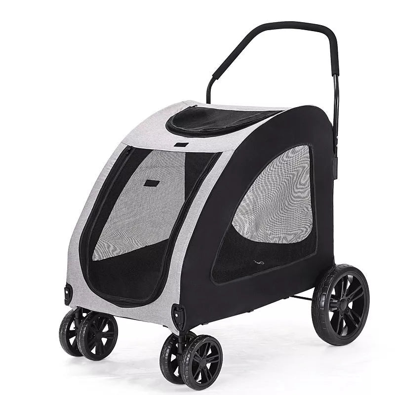 Foldable pet stroller for medium to large dogs in gray, blue, red, and black
