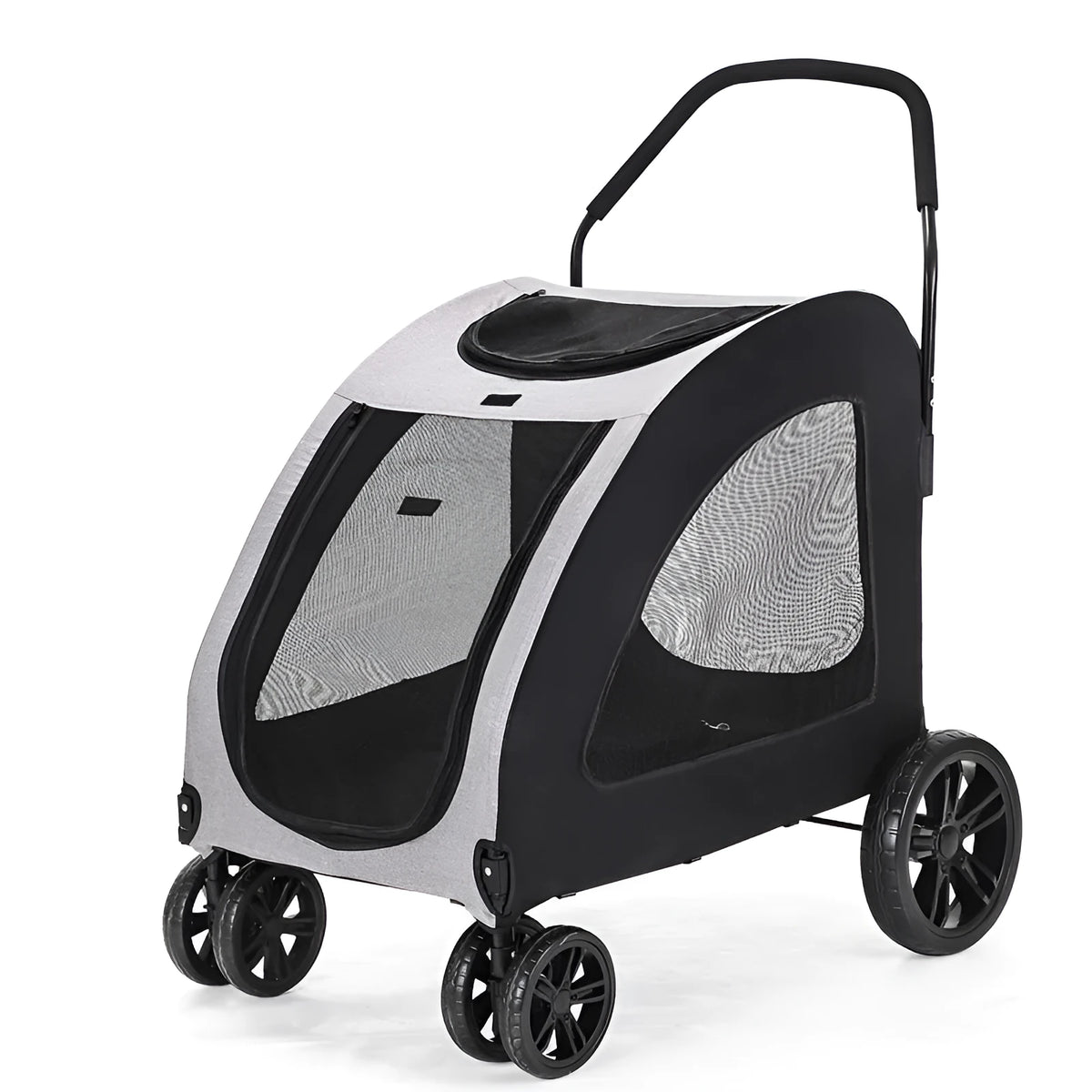 Foldable pet stroller for medium to large dogs in grey, blue, red, or black, with metal and cloth frame.