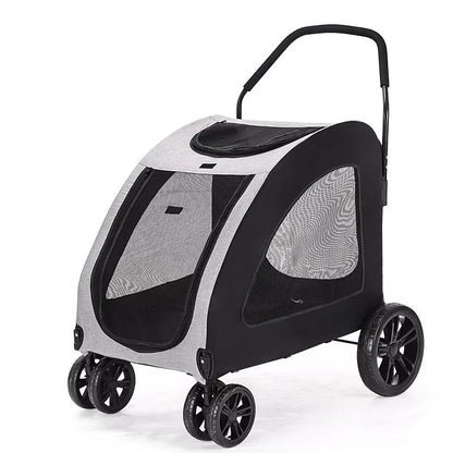 Foldable pet stroller for medium to large dogs in gray, blue, red, and black