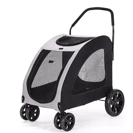 Foldable pet stroller for medium to large dogs in gray, blue, red, and black