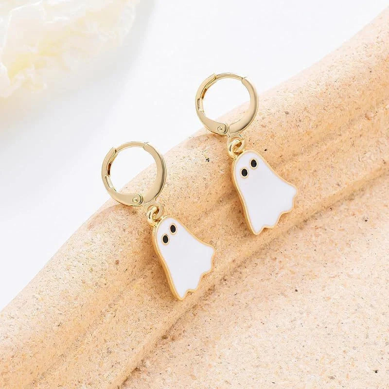 Spooky and Stylish Halloween Ghost Earrings for Women in Gold, Unique Hoop Earring Design for Festive Occasions