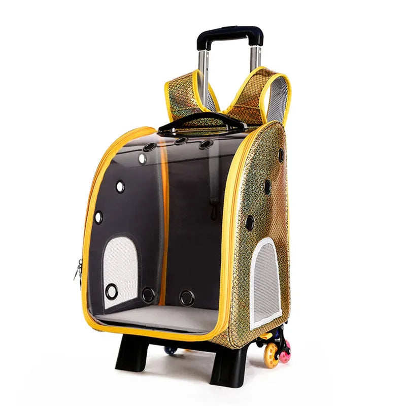 Blue transparent folding pet trolley carrier bag for small dogs and cats on wheels.