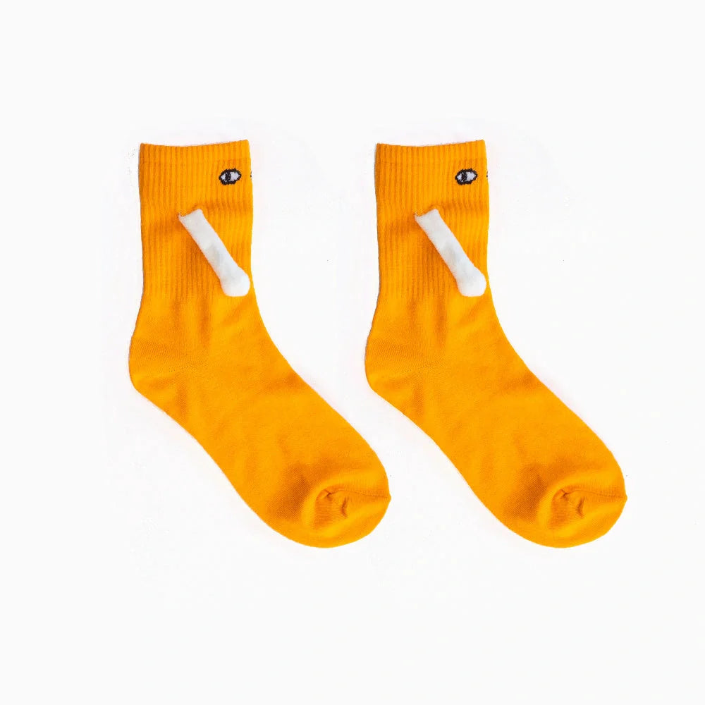 Stylish couple matching mid-tube socks in various colors for a fun and fashionable look.