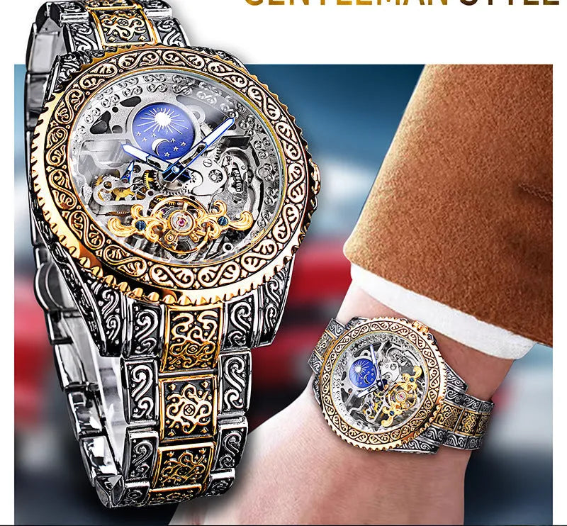 Forsining yellow stainless steel skeleton tourbillon automatic watch with 44mm case.