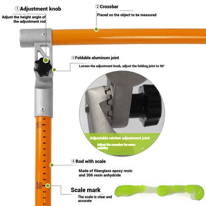 Telescopic truck height measuring rod extended to full length showing measurement scales