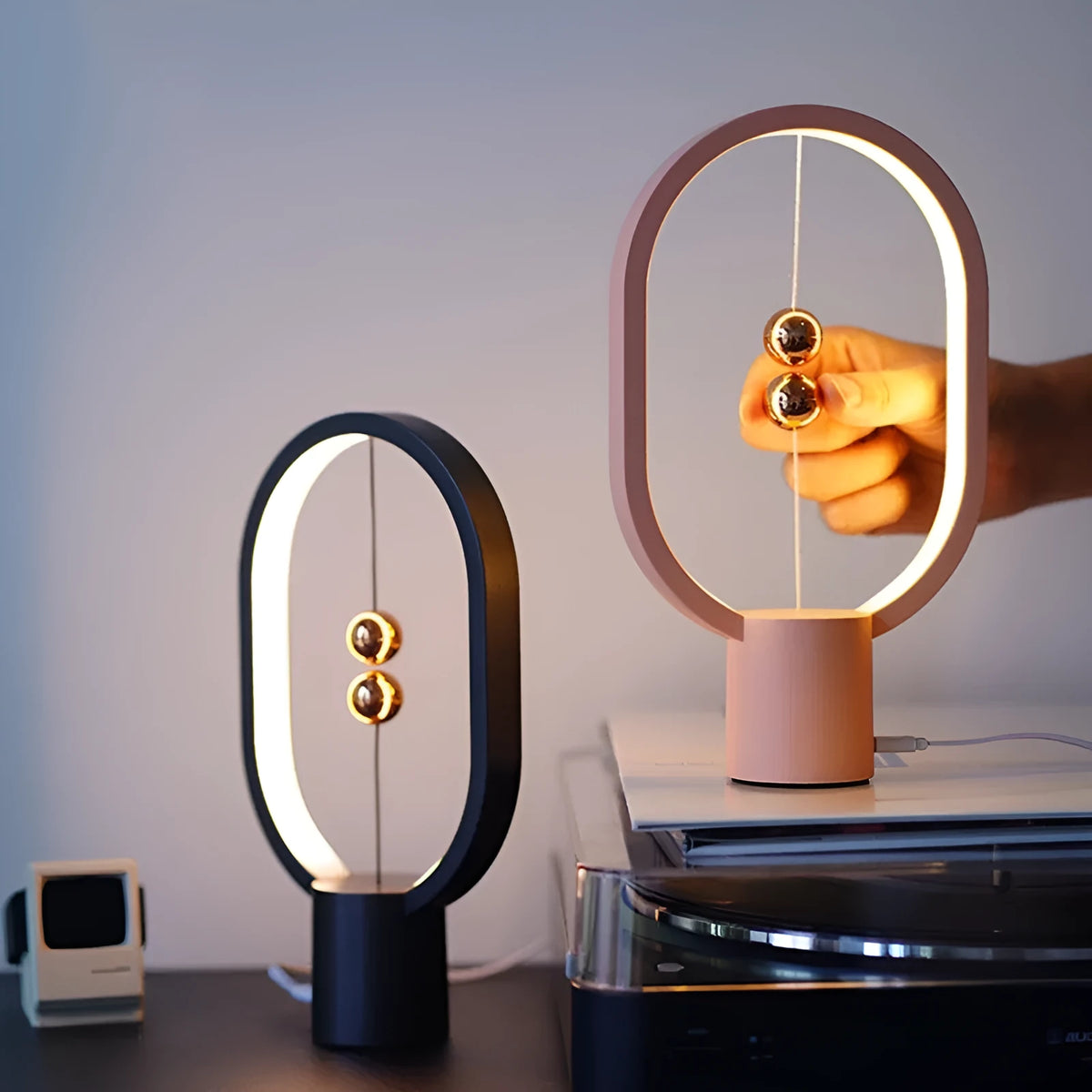 Mini smart magnetic switch USB LED table lamp with floating switch, plastic shade, 55x140x250mm